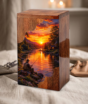 Gone Fishing Wooden Cremation Urn – Fishing Memorial Urn for Human Ashes