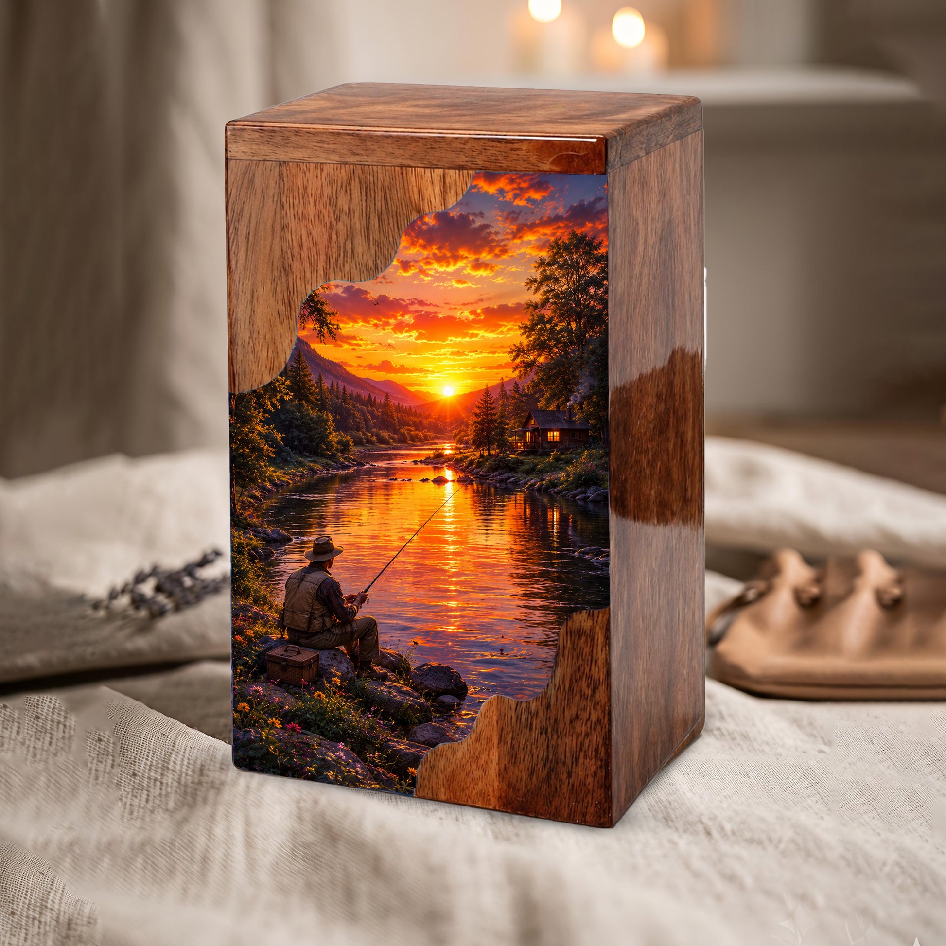 Gone Fishing Wooden Cremation Urn – Fishing Memorial Urn for Human Ashes