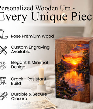 Gone Fishing Wooden Cremation Urn – Fishing Memorial Urn for Human Ashes
