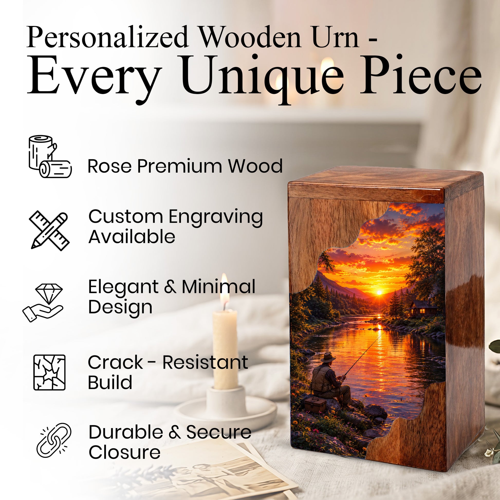 Gone Fishing Wooden Cremation Urn – Fishing Memorial Urn for Human Ashes