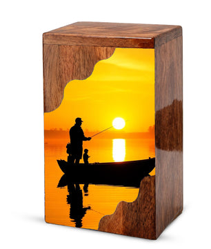 Golden Sunset Fishing Wooden Cremation Urn – Gone Fishing Memorial Wooden Urn for Human Ashes