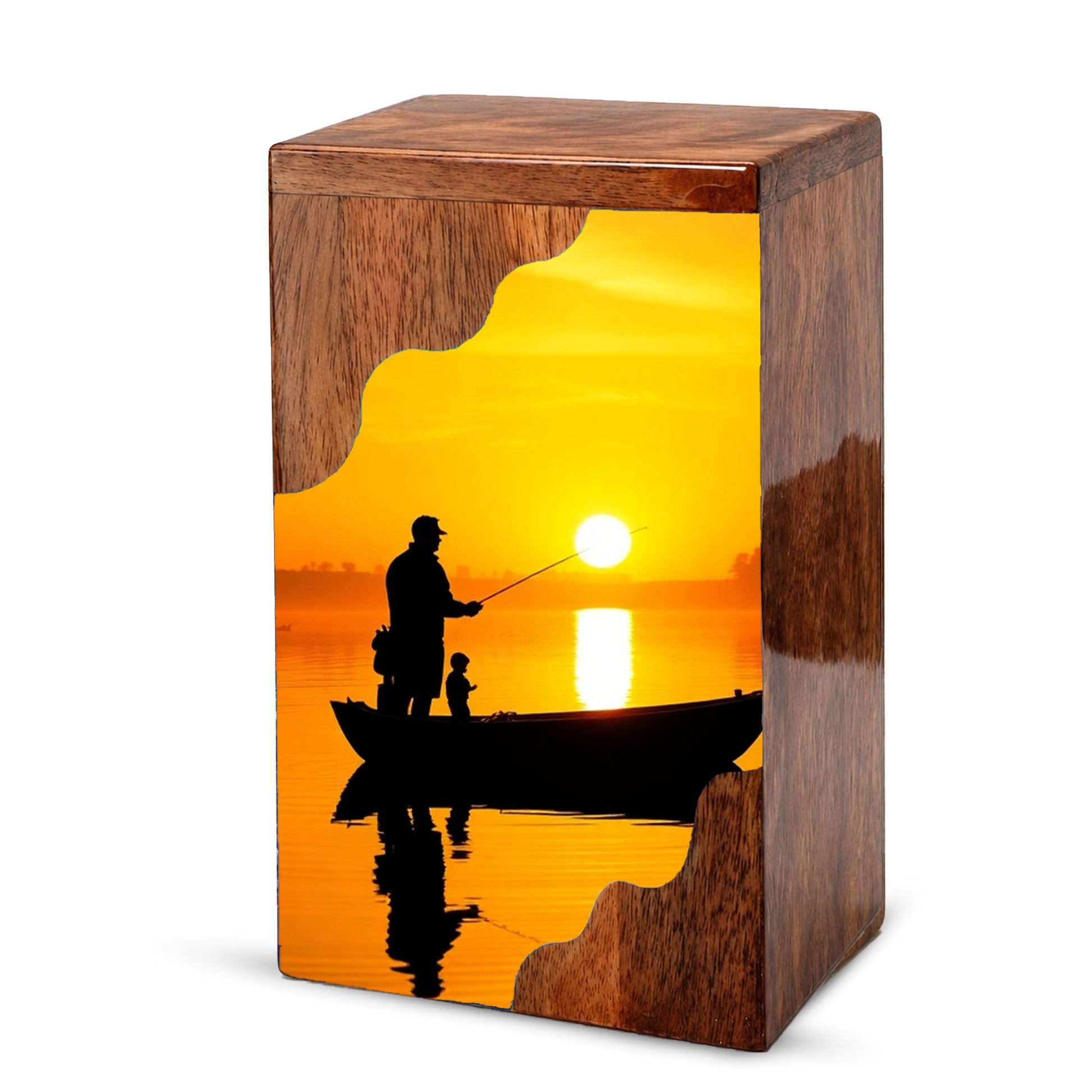 Golden Sunset Fishing Wooden Cremation Urn – Gone Fishing Memorial Wooden Urn for Human Ashes