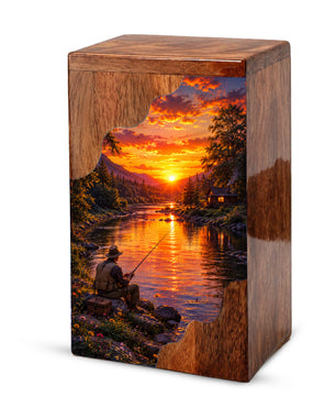 Gone Fishing Wooden Cremation Urn – Fishing Memorial Urn for Human Ashes