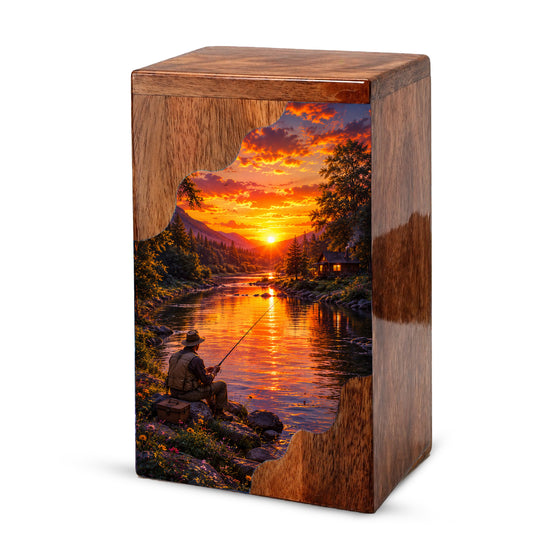 Gone Fishing Wooden Cremation Urn – Fishing Memorial Urn for Human Ashes