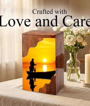 Golden Sunset Fishing Wooden Cremation Urn – Gone Fishing Memorial Wooden Urn for Human Ashes