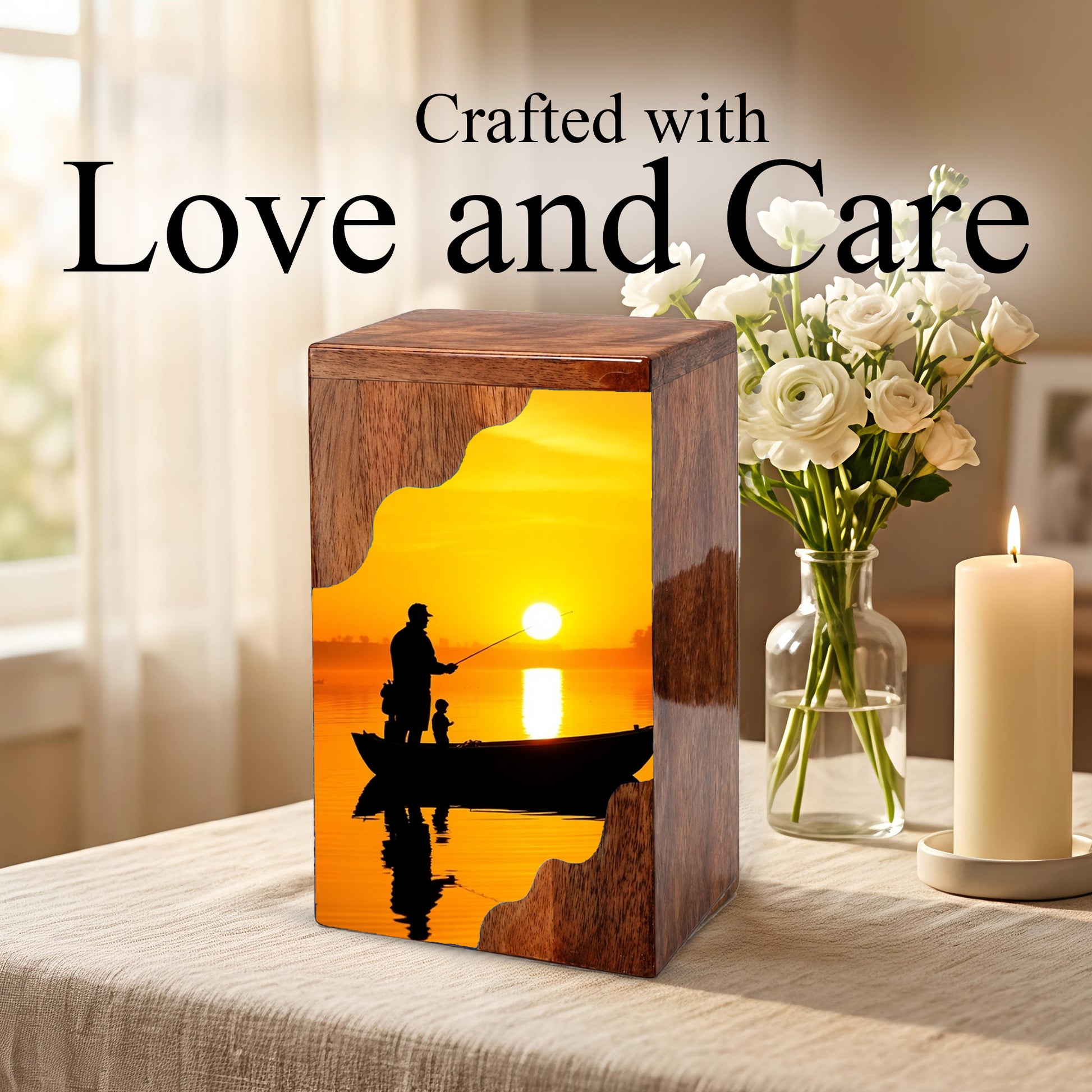 Golden Sunset Fishing Wooden Cremation Urn – Gone Fishing Memorial Wooden Urn for Human Ashes