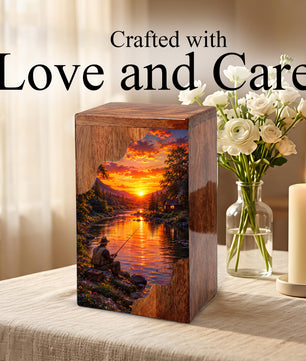 Gone Fishing Wooden Cremation Urn – Fishing Memorial Urn for Human Ashes