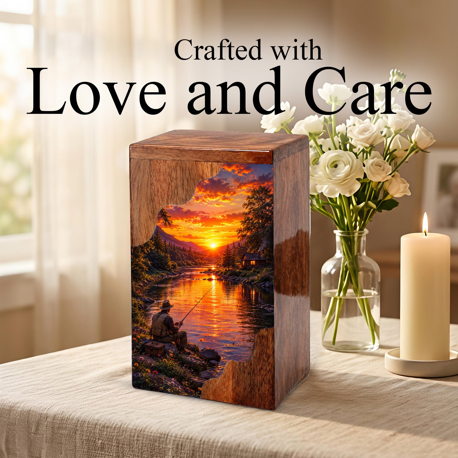 Gone Fishing Wooden Cremation Urn – Fishing Memorial Urn for Human Ashes