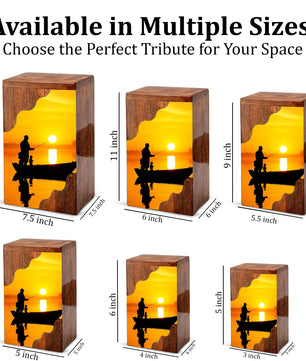 Golden Sunset Fishing Wooden Cremation Urn – Gone Fishing Memorial Wooden Urn for Human Ashes