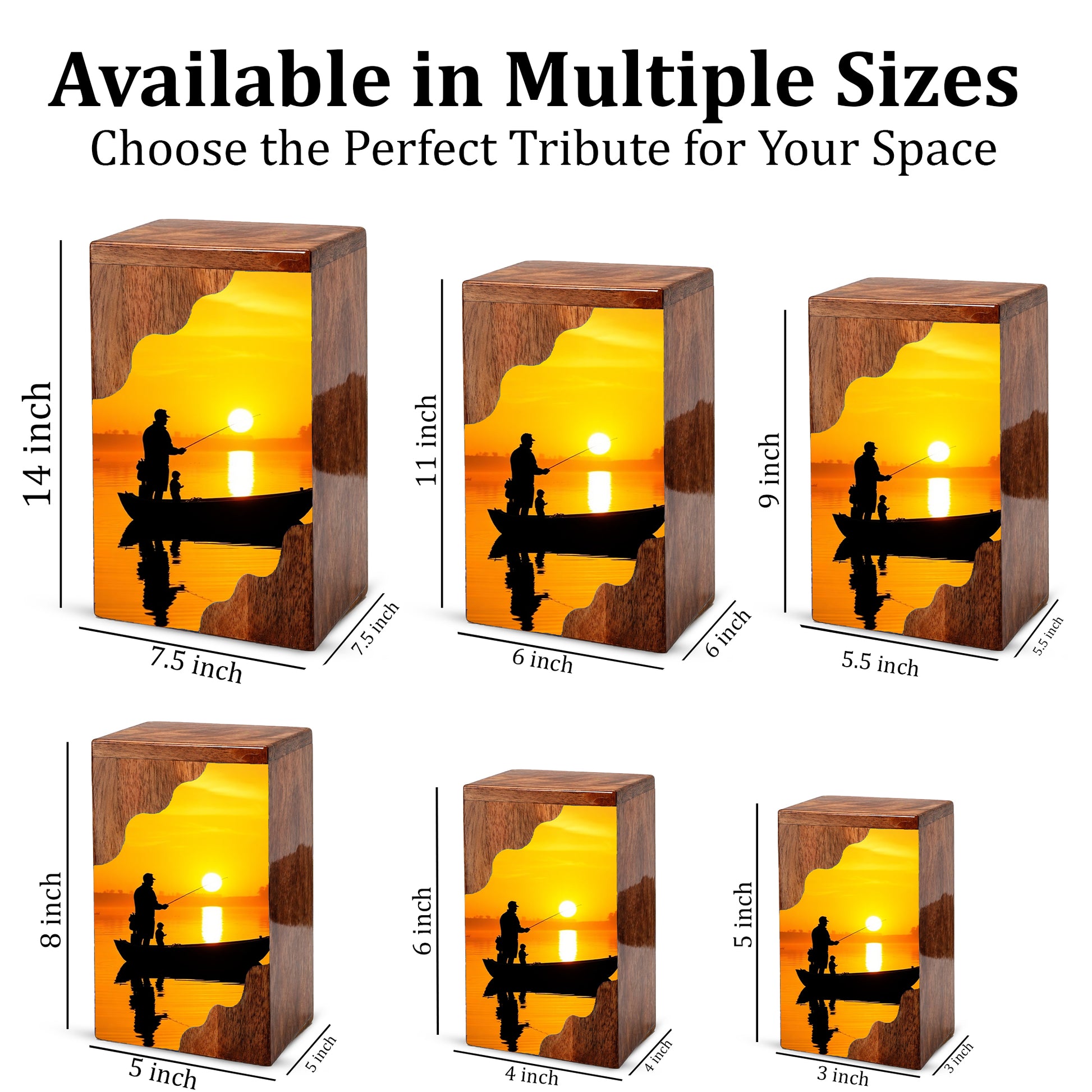 Golden Sunset Fishing Wooden Cremation Urn – Gone Fishing Memorial Wooden Urn for Human Ashes
