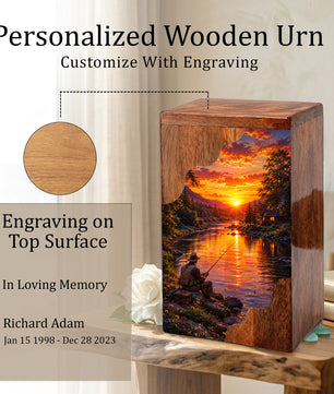 Gone Fishing Wooden Cremation Urn – Fishing Memorial Urn for Human Ashes