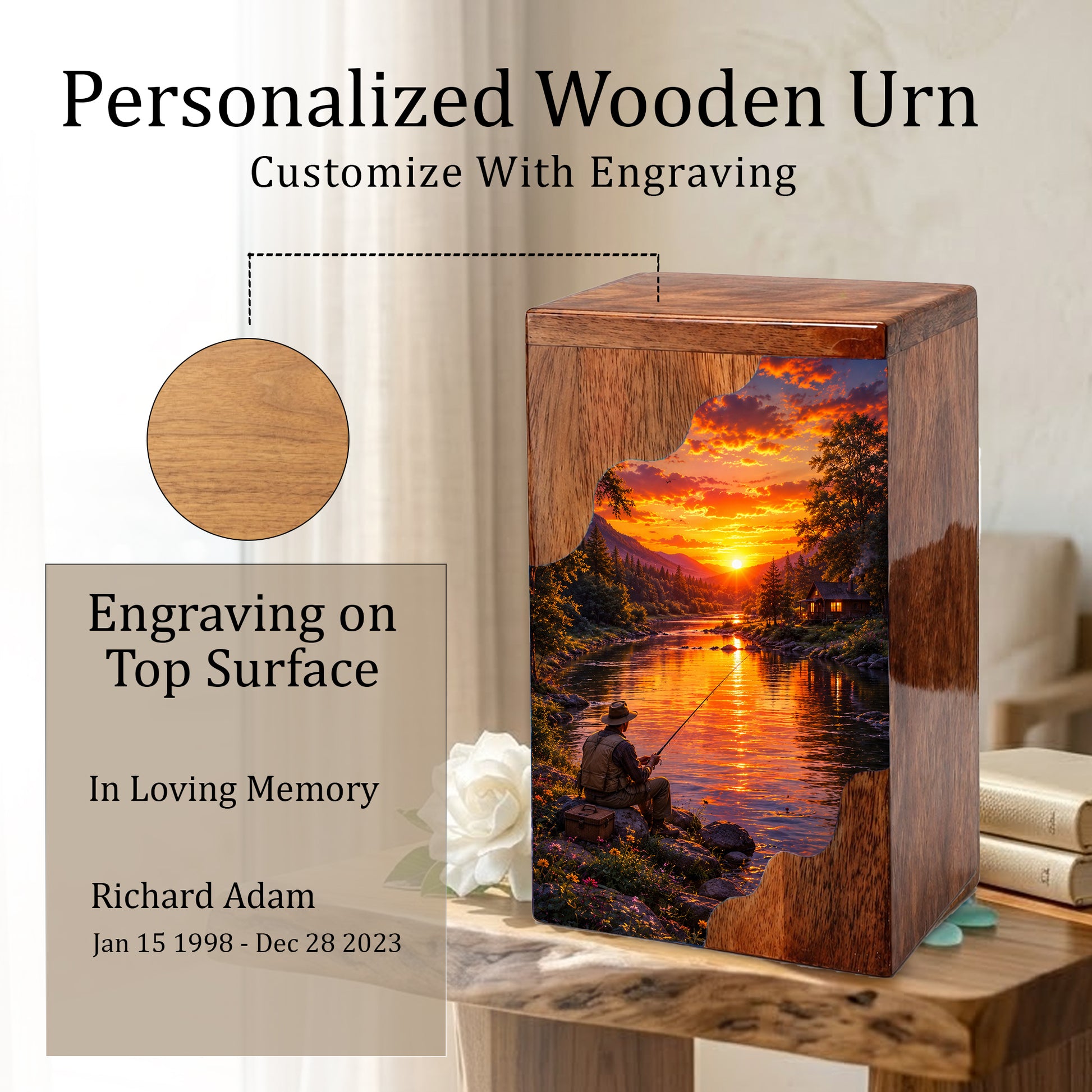 Gone Fishing Wooden Cremation Urn – Fishing Memorial Urn for Human Ashes