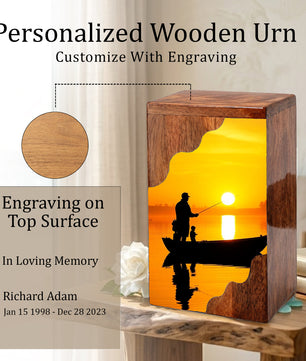 Golden Sunset Fishing Wooden Cremation Urn – Gone Fishing Memorial Wooden Urn for Human Ashes