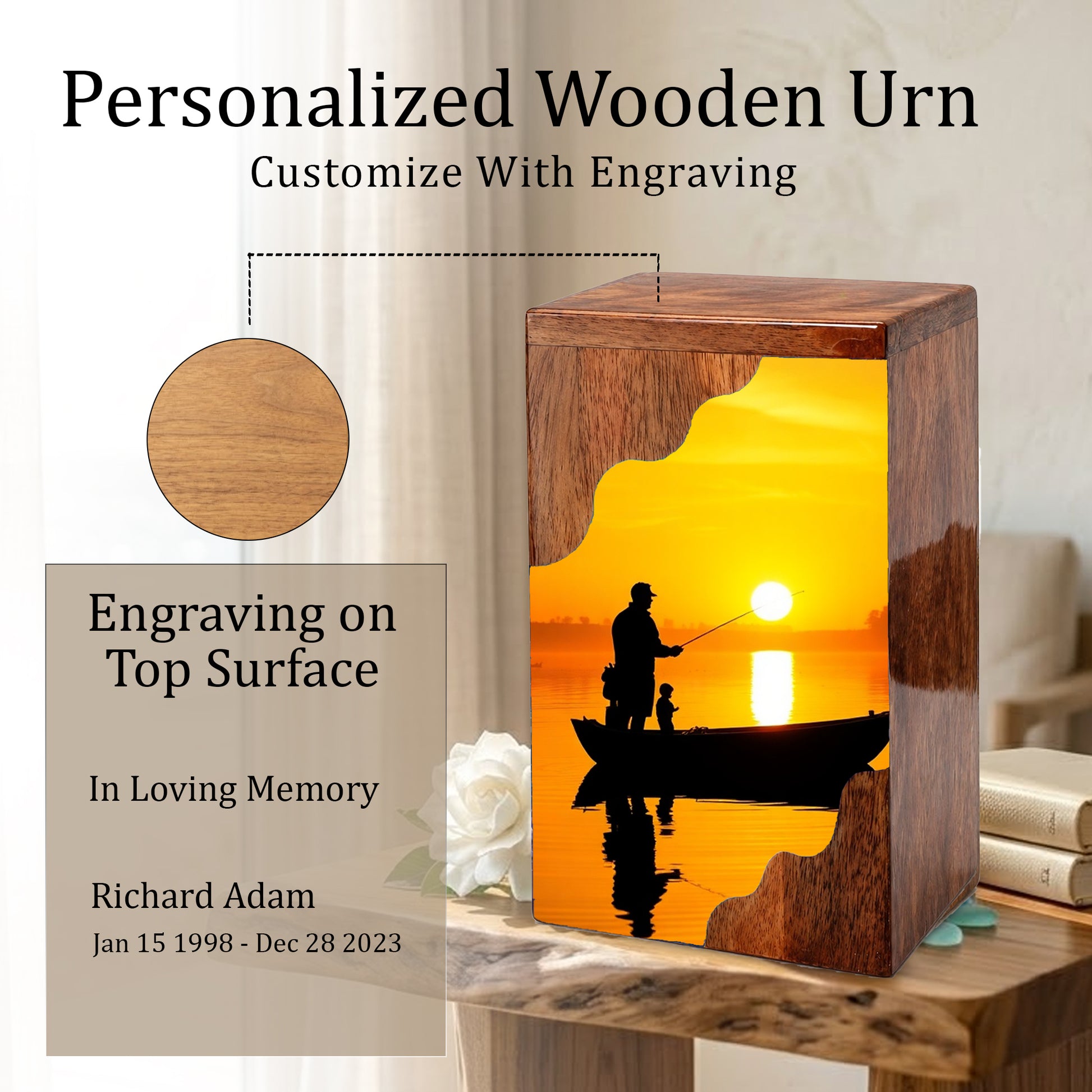 Golden Sunset Fishing Wooden Cremation Urn – Gone Fishing Memorial Wooden Urn for Human Ashes