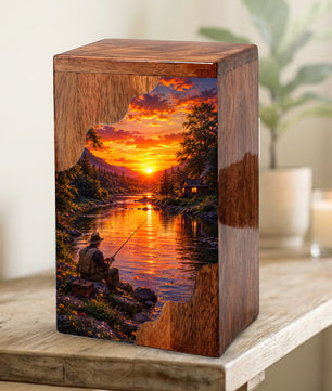 Gone Fishing Wooden Cremation Urn – Fishing Memorial Urn for Human Ashes