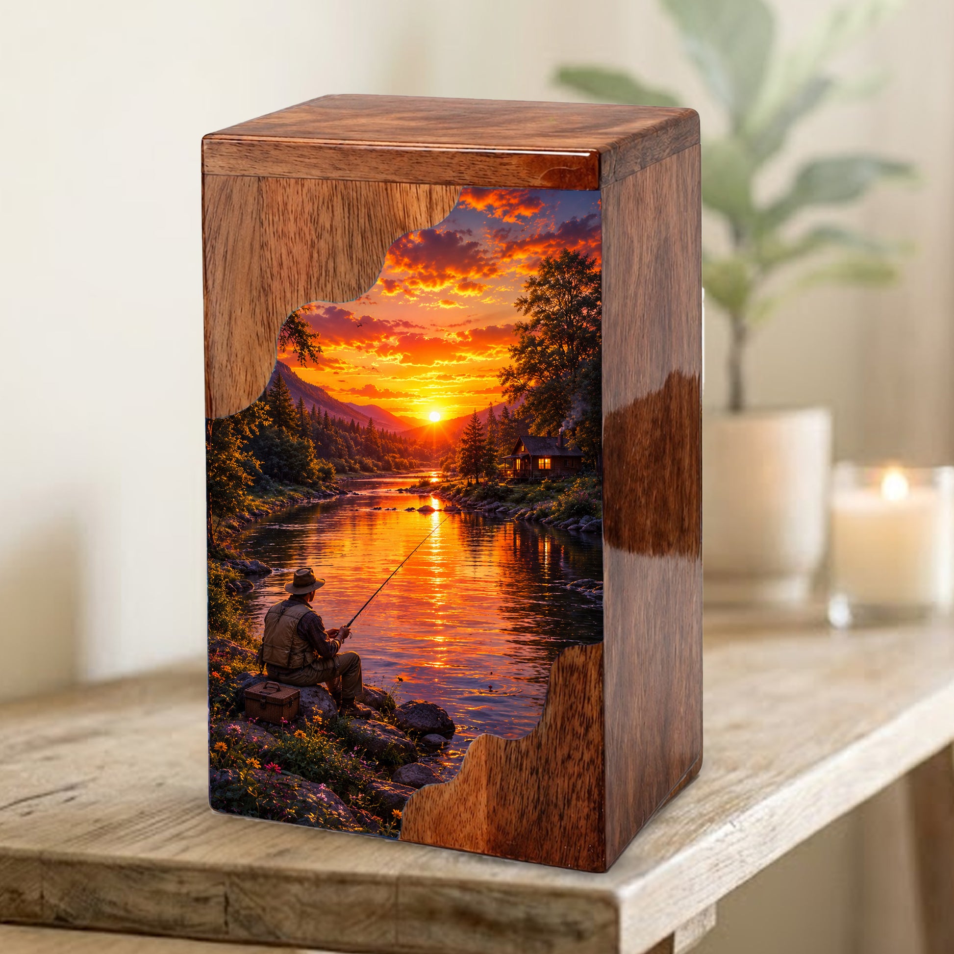Gone Fishing Wooden Cremation Urn – Fishing Memorial Urn for Human Ashes