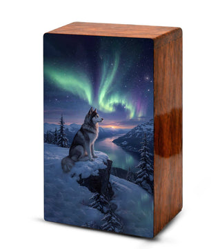 Husky Dog Aurora Borealis Pet Urn for Ashes - Northern Lights Wooden Urn