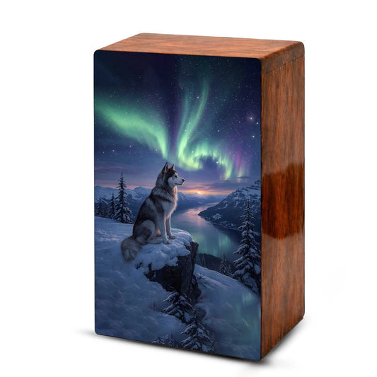 Husky Dog Aurora Borealis Pet Urn for Ashes - Northern Lights Wooden Urn