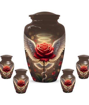 Red Rose Urn For Adult Female | Angel Wings Flower Urns For Human Ashes