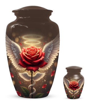 Red Rose Urn For Adult Female | Angel Wings Flower Urns For Human Ashes