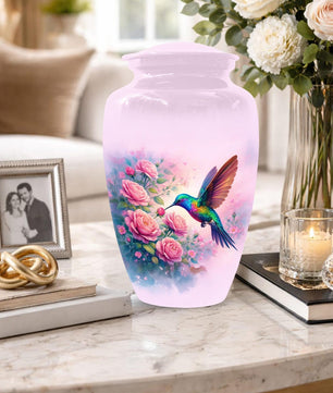 Pink Hummingbird Urn For Ashes - Personalized Floral Humming Bird Small Urns For Mom