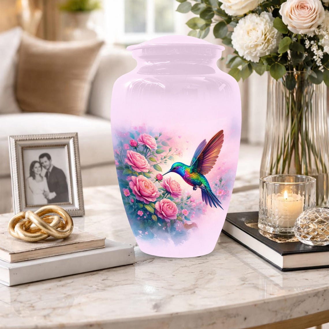 Pink Hummingbird Urn For Ashes - Personalized Floral Humming Bird Small Urns For Mom