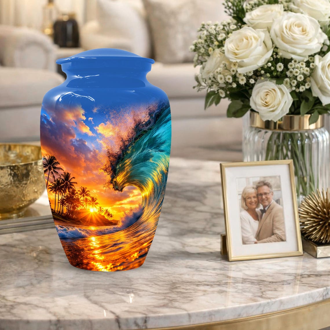 Ocean Wave Urn For Human Ashes - Palm Tree Sunset Beach Urns For Mom & Dad