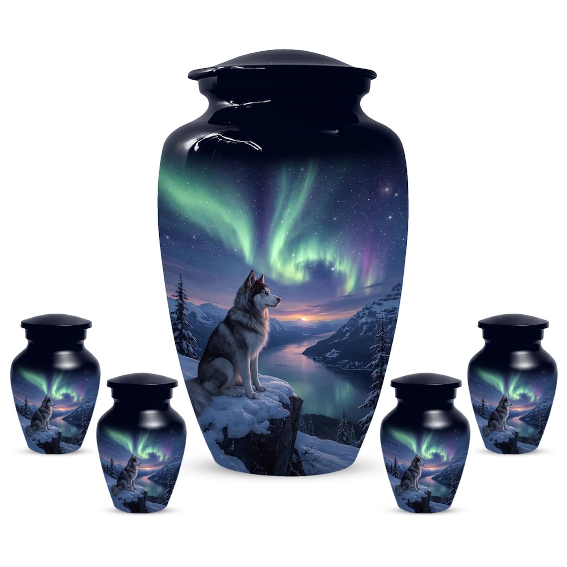 Husky Dog Urn for Ashes - Aurora Borealis Mini Urns For Pets