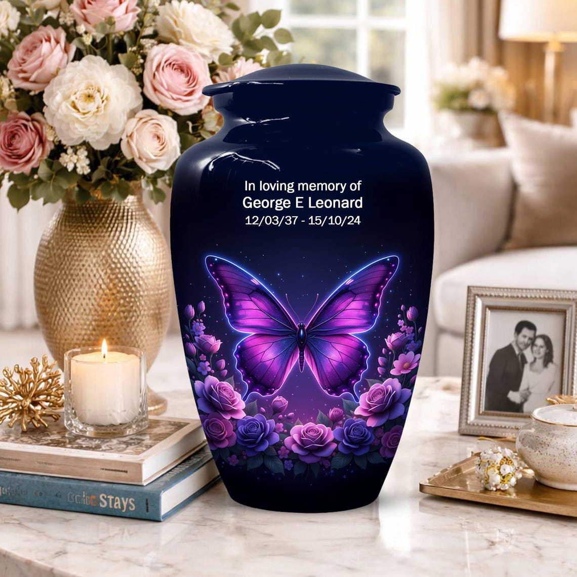 Purple Butterfly Urn For Female Ashes - Custom Floral Cremation Urns with Butterflies