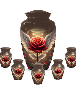 Red Rose Urn For Adult Female | Angel Wings Flower Urns For Human Ashes