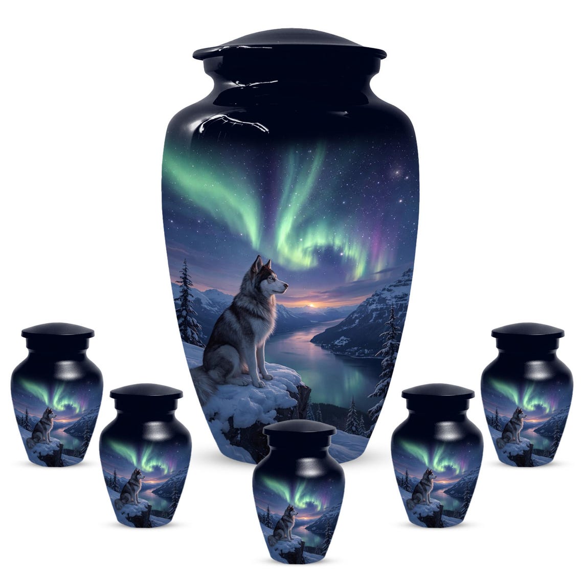 Husky Dog Urn for Ashes - Aurora Borealis Mini Urns For Pets