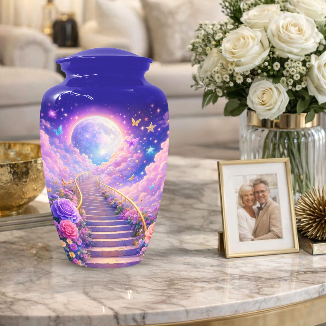 Floral Stairway Heaven Urn For Human Ashes - Moonlit Urns For Cremation, Funeral