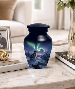 Husky Dog Urn for Ashes - Aurora Borealis Mini Urns For Pets