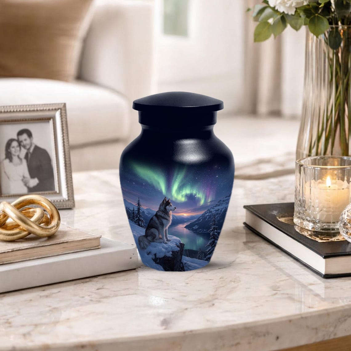 Husky Dog Urn for Ashes - Aurora Borealis Mini Urns For Pets