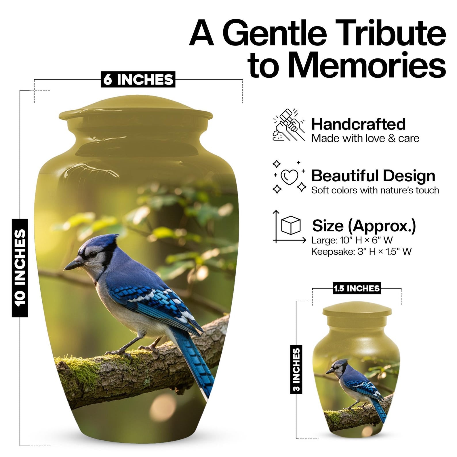 Blue Jay Urn For Ashes - Bird Cremation Keepsake Urns For Adults