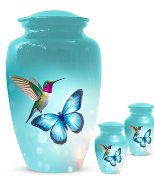 Blue Butterfly and Hummingbird Urn - Humming bird Cremation Urns For Ashes
