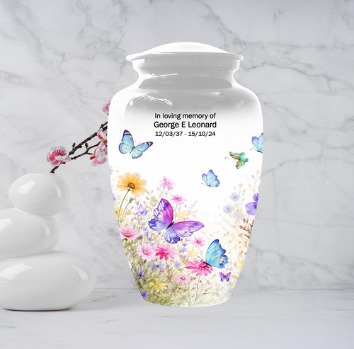 Butterfly Floral Urn For Human Ashes - White Flower Cremation Urns For Women