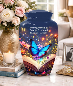Blue Butterfly Urn For Women - Floral Cremation Keepsake Urns Sets For Female