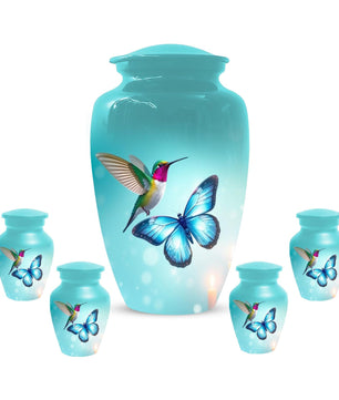Blue Butterfly and Hummingbird Urn - Humming bird Cremation Urns For Ashes