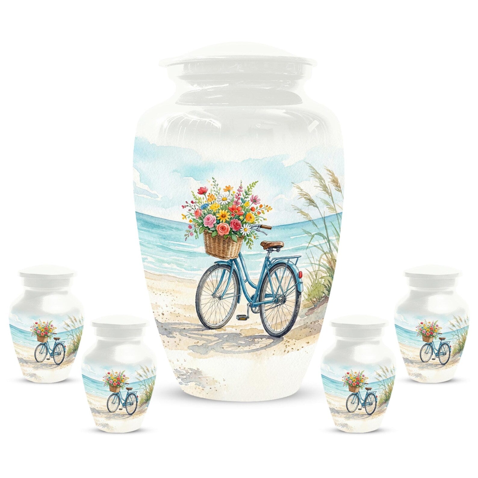 Bicycle Urn For Human Ashes | Blue Ocean Cremation Urns with Flower For Adults