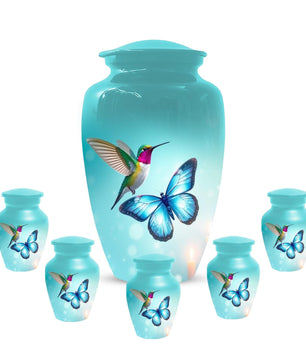 Blue Butterfly and Hummingbird Urn - Humming bird Cremation Urns For Ashes