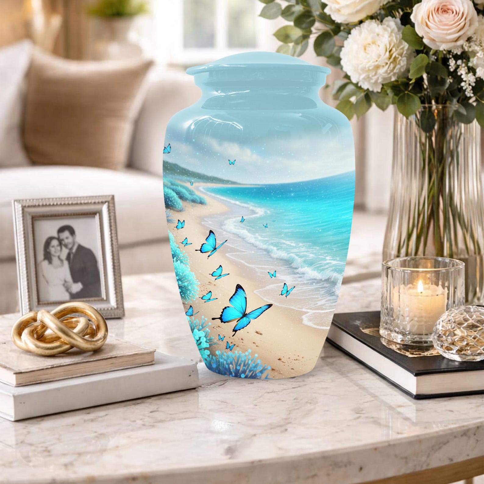 Blue Butterfly Urn For Ashes - Ocean Beach Scene Theme Cremation Keepsake Urns