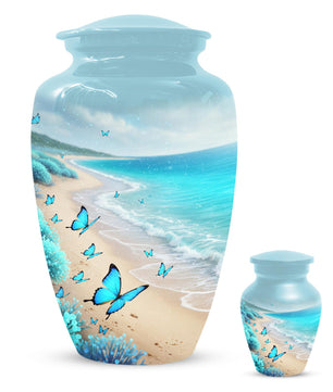 Blue Butterfly Urn For Ashes - Ocean Beach Scene Theme Cremation Keepsake Urns