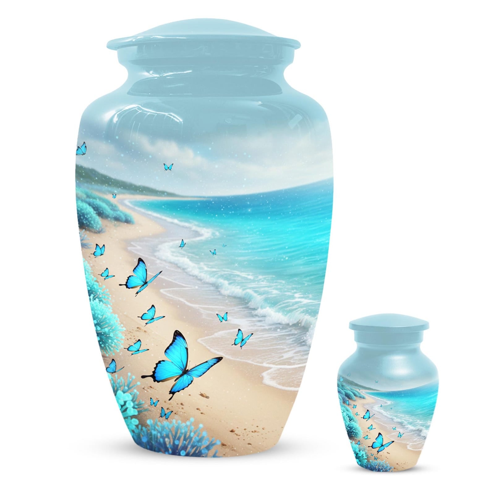 Blue Butterfly Urn For Ashes - Ocean Beach Scene Theme Cremation Keepsake Urns