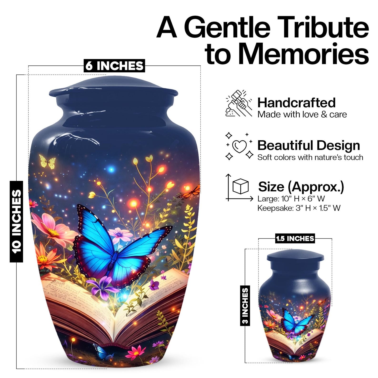 Blue Butterfly Urn For Women - Floral Cremation Keepsake Urns Sets For Female