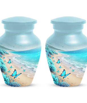 Blue Butterfly Urn For Ashes - Ocean Beach Scene Theme Cremation Keepsake Urns