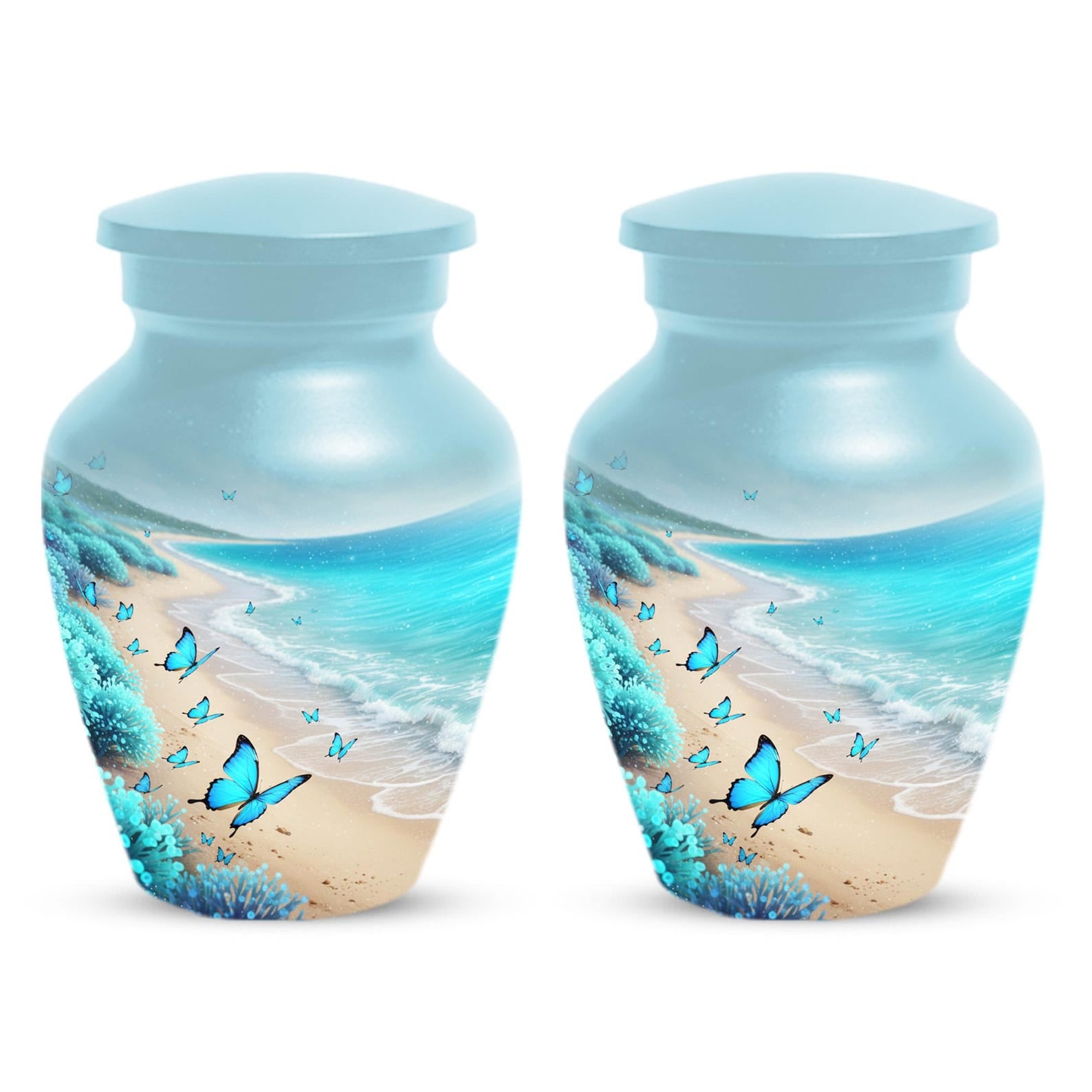 Blue Butterfly Urn For Ashes - Ocean Beach Scene Theme Cremation Keepsake Urns