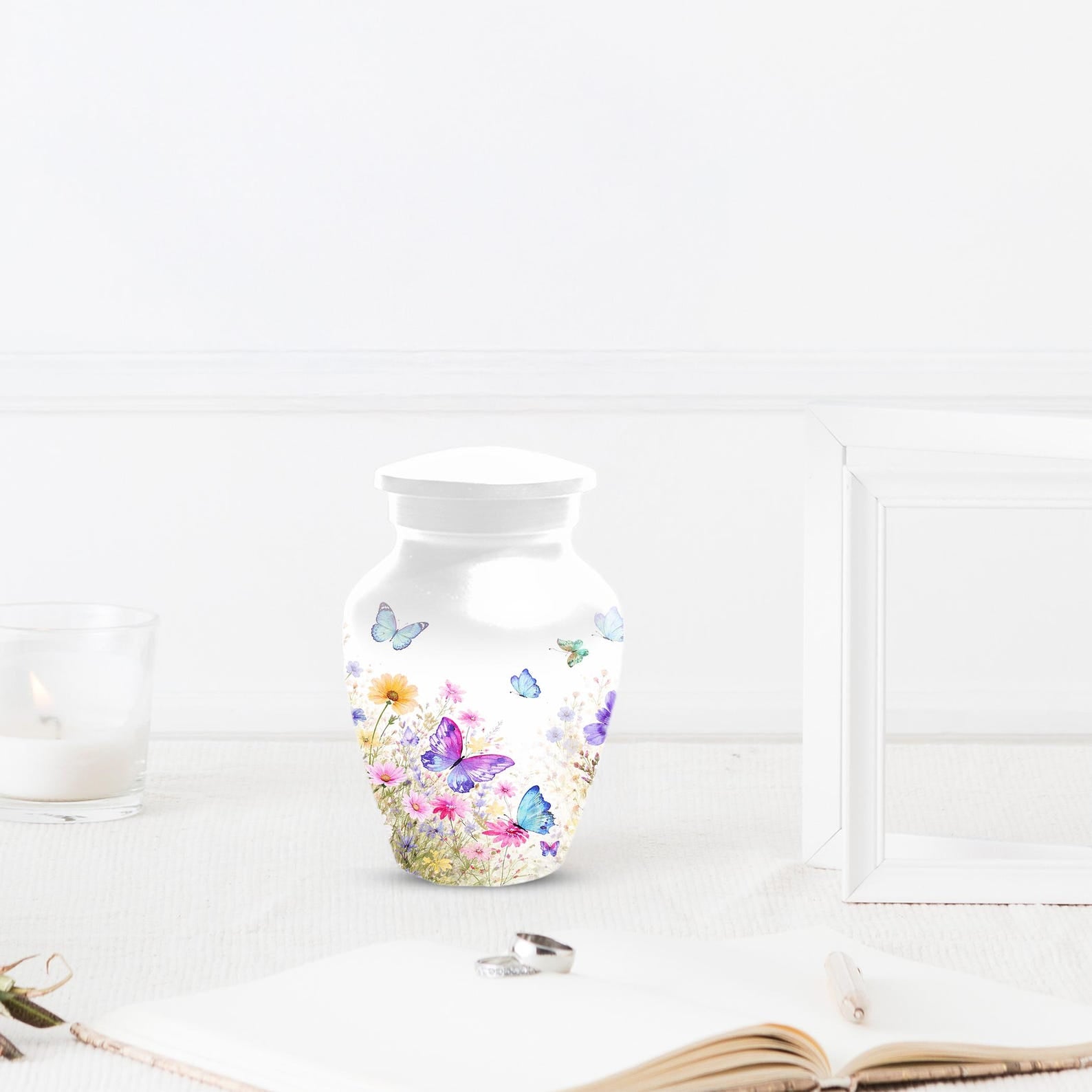 Butterfly Floral Urn For Human Ashes - White Flower Cremation Urns For Women