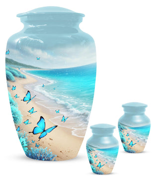 Blue Butterfly Urn For Ashes - Ocean Beach Scene Theme Cremation Keepsake Urns