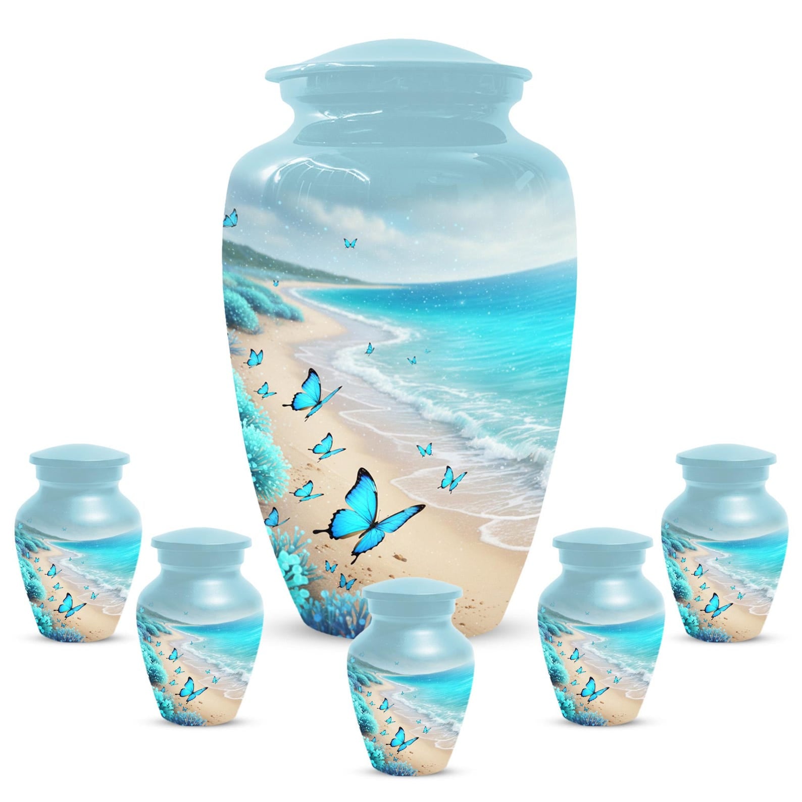 Blue Butterfly Urn For Ashes - Ocean Beach Scene Theme Cremation Keepsake Urns